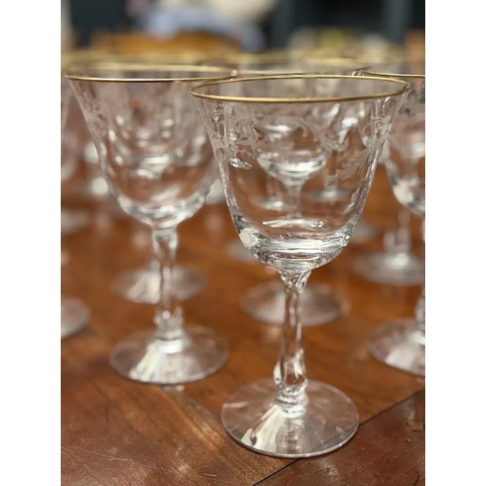 Golden Lace by Fostoria Water Wine Glasses Set‎ of 10 Vintage Goblet w/Gold 6.6